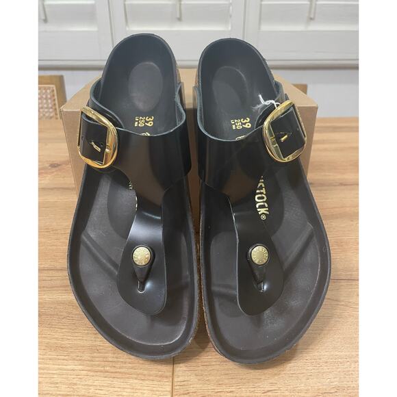 Birkenstock Women's Gizeh Big Buckle Slide Sandal Black Gold Size 8 39 EU NWOT - Picture 3 of 12